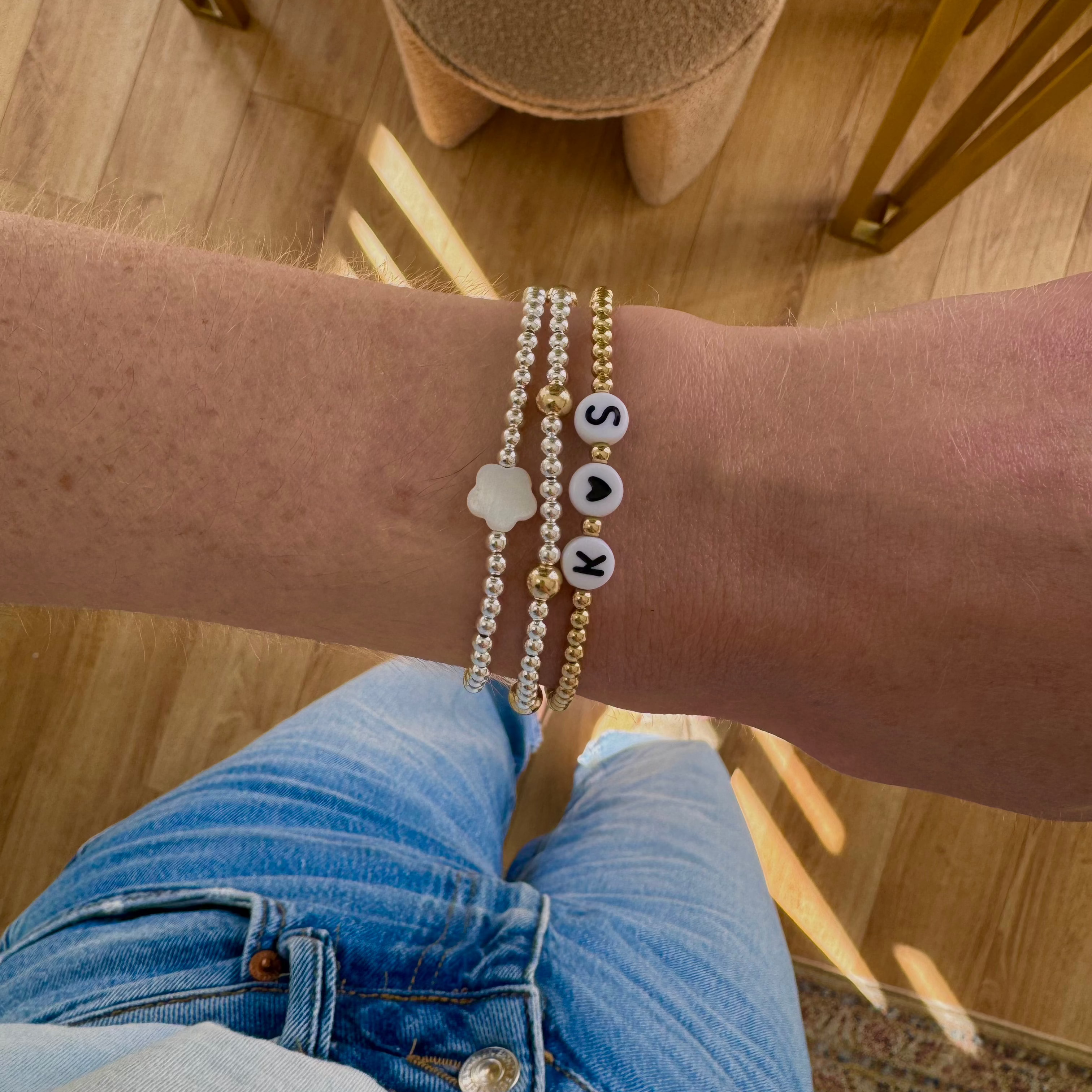 Summer stack bracelets with pearl flower and personalised