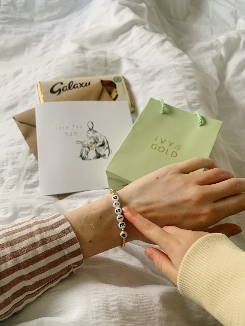 Mother's day bracelet with child's name Rosie, Galaxy chocolate and green gift bag