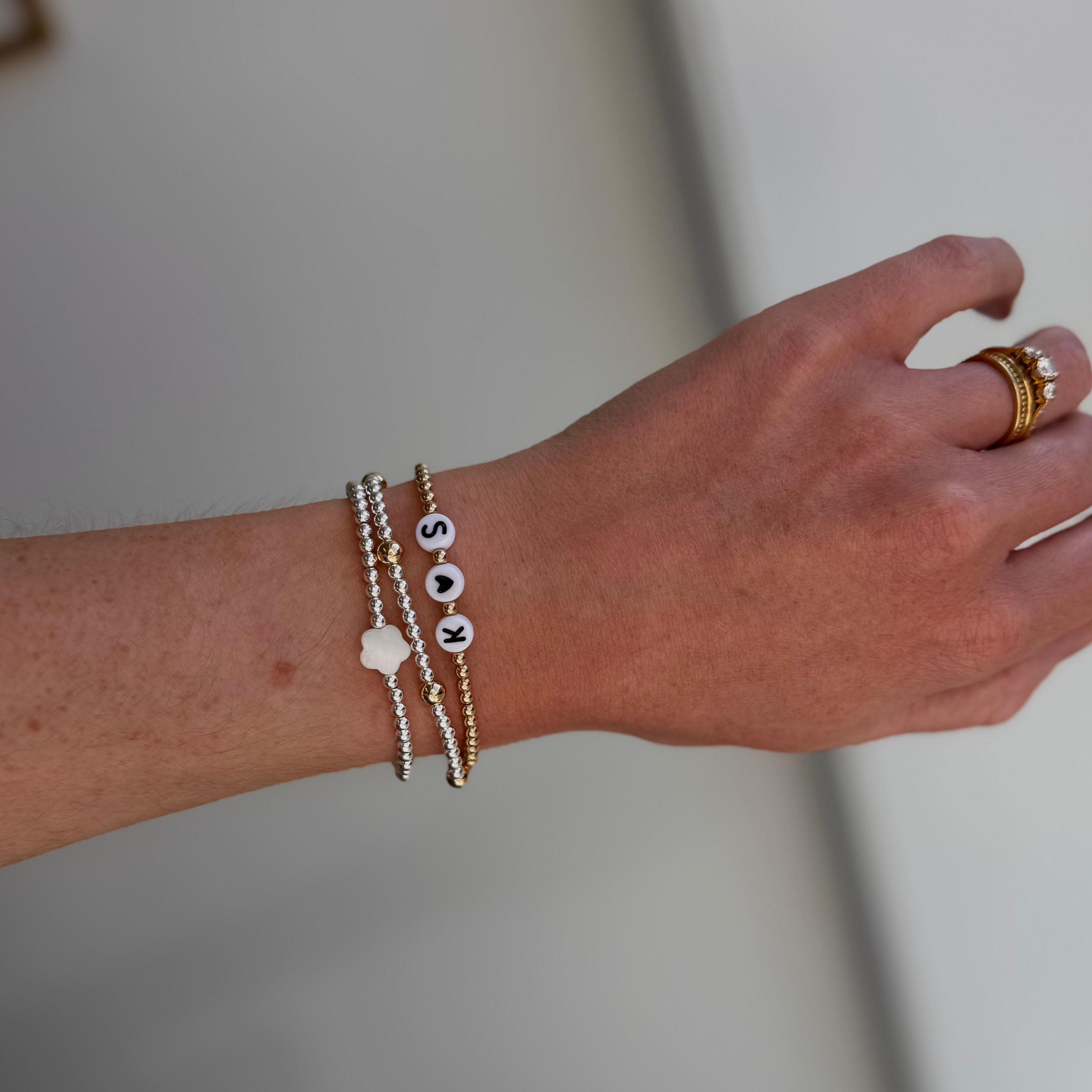 Summer stack bracelets with pearl flower and personalised