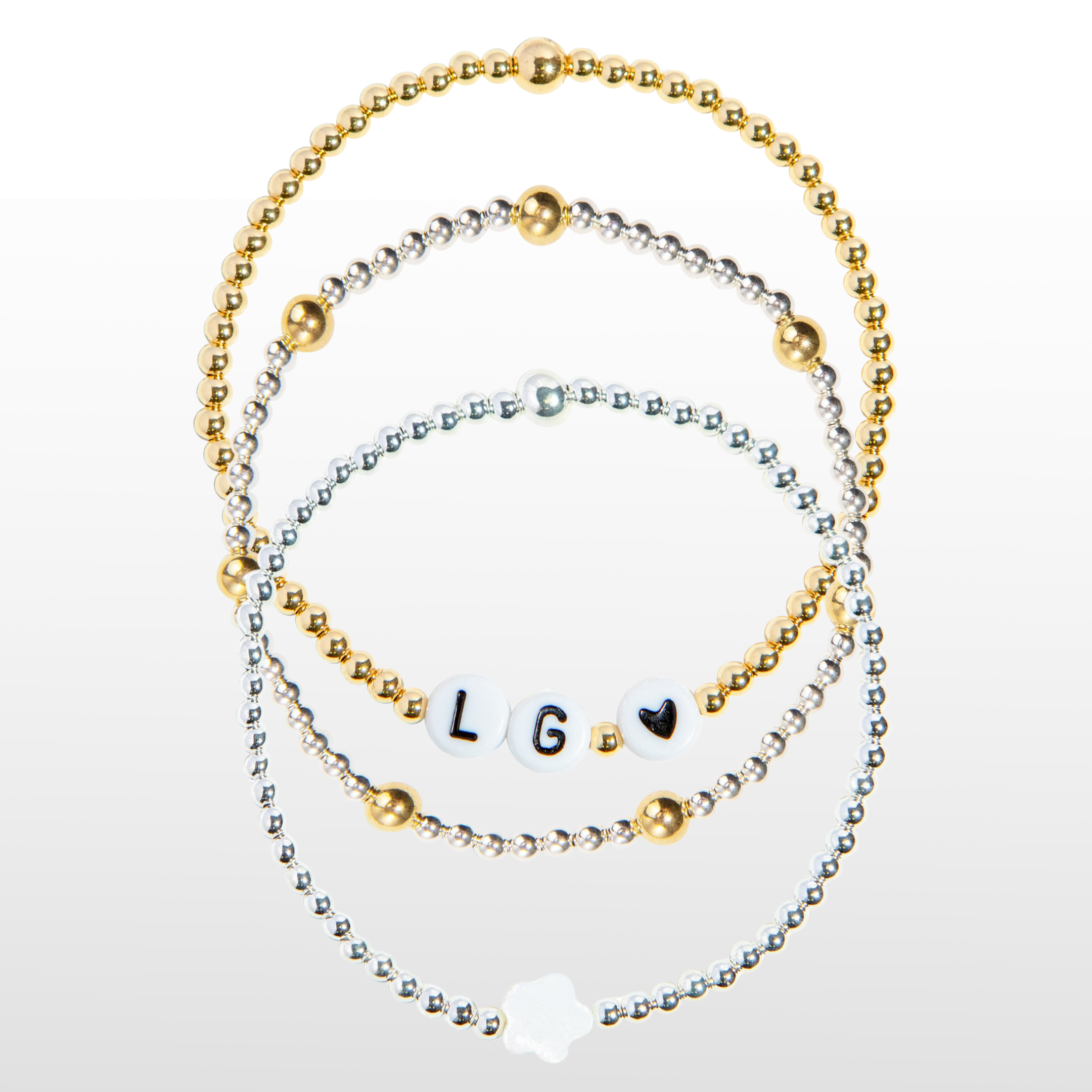 Summer stack bracelets with pearl flower and personalised