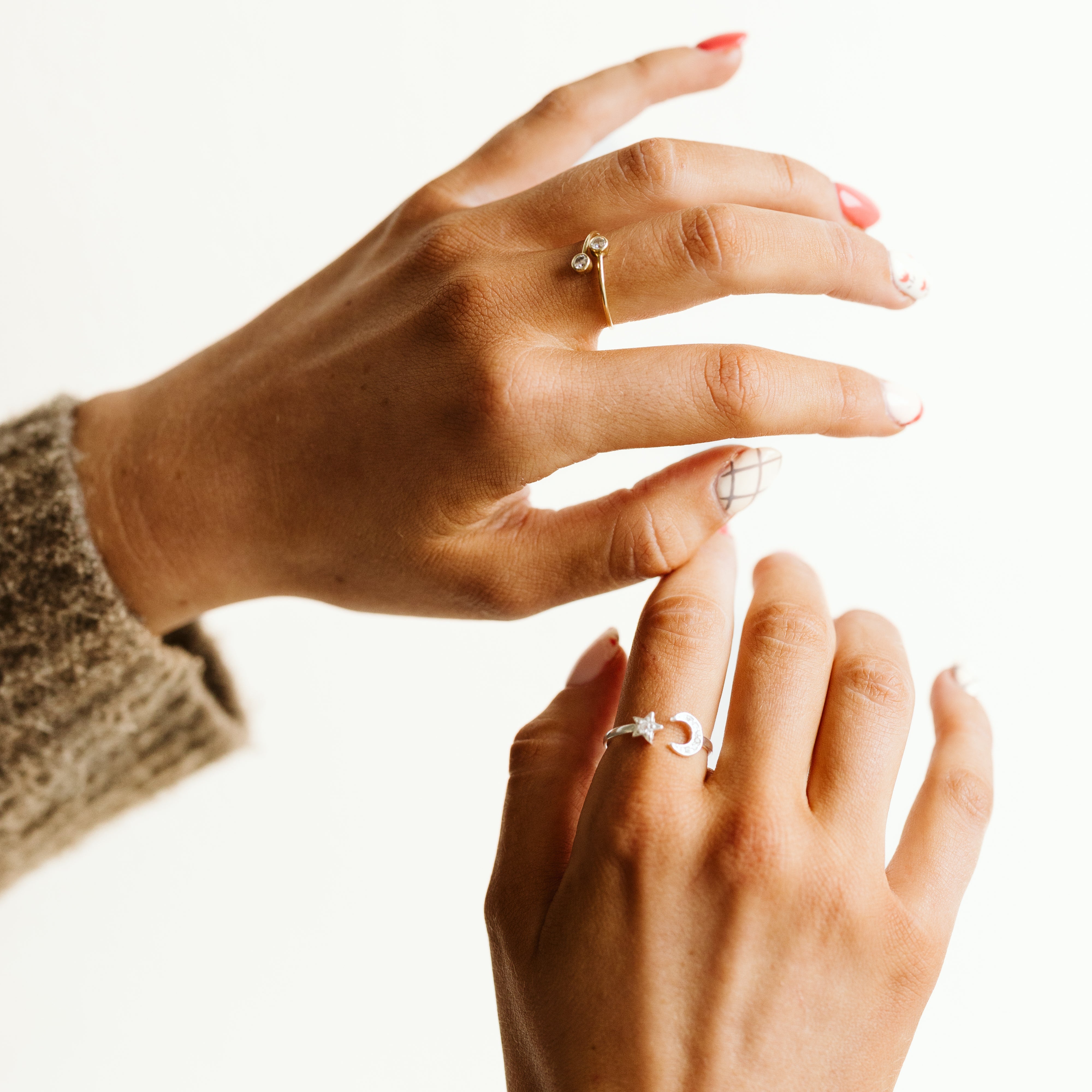 Adjustable rings, sterling silver star and moons and gold filled sparkle rings