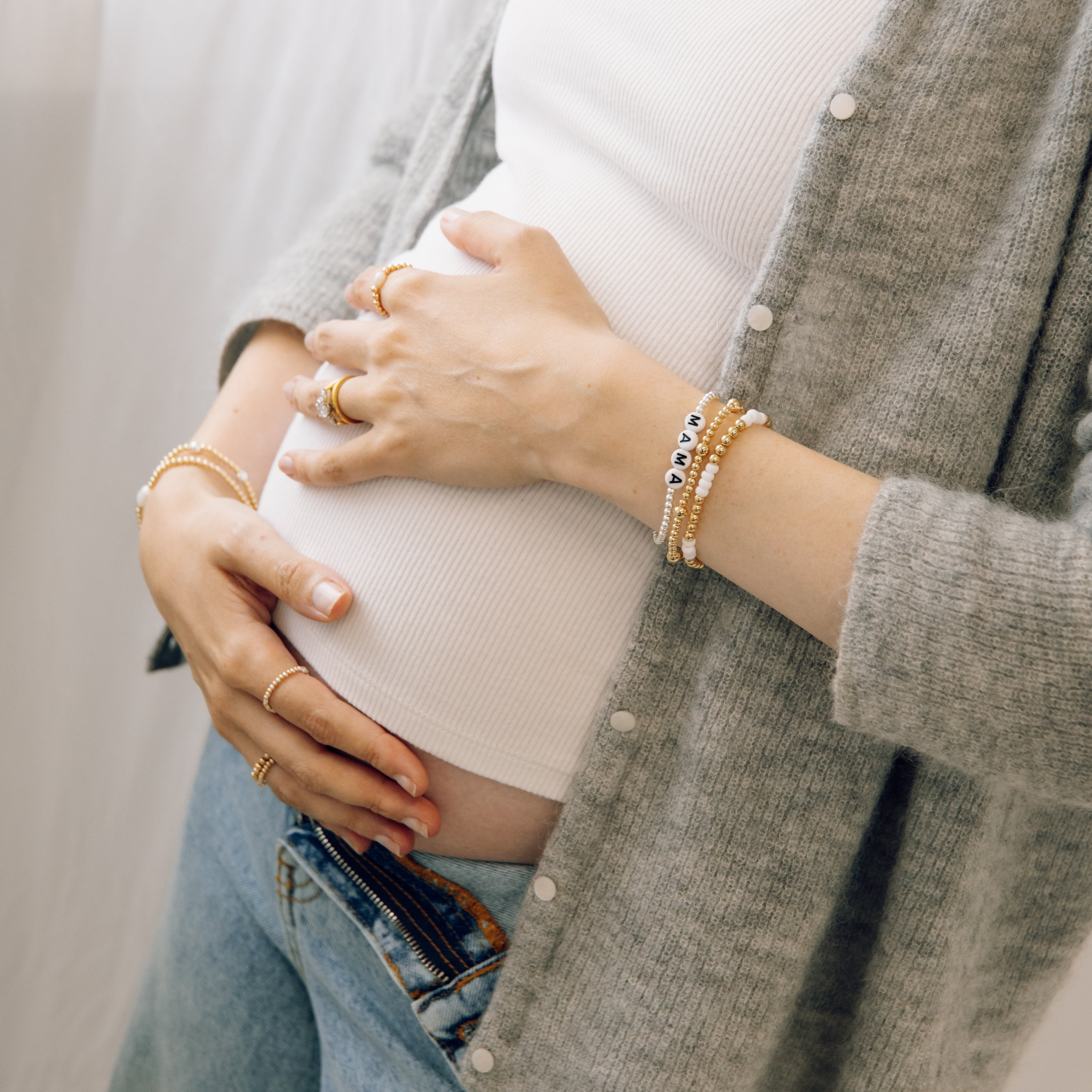 mama and luna beaded bracelets in gold and silver