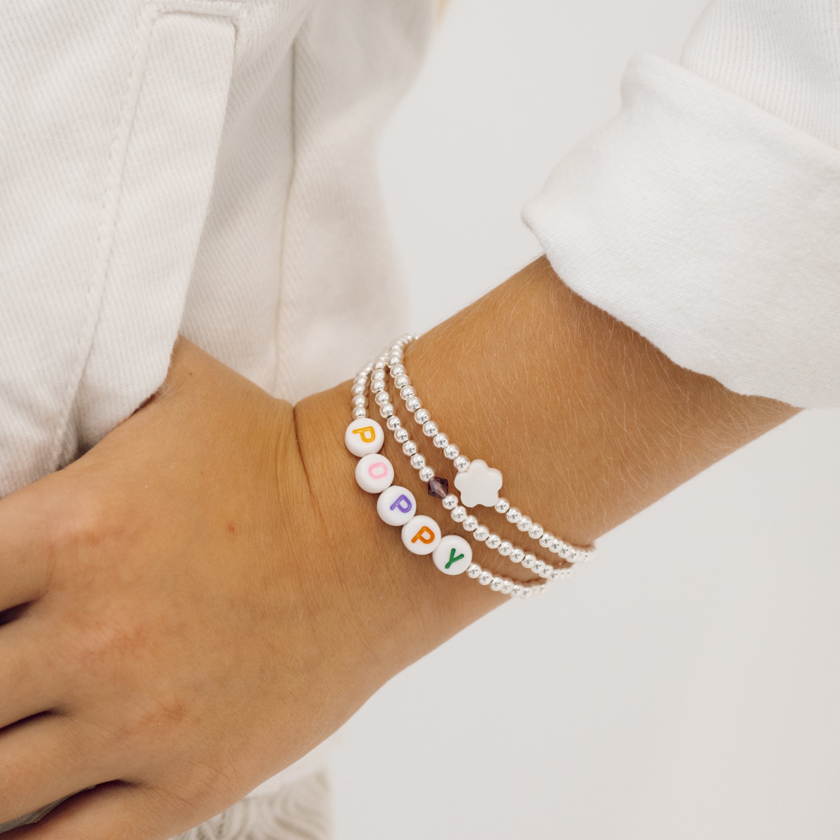 kid's colourful silver personalised bracelet