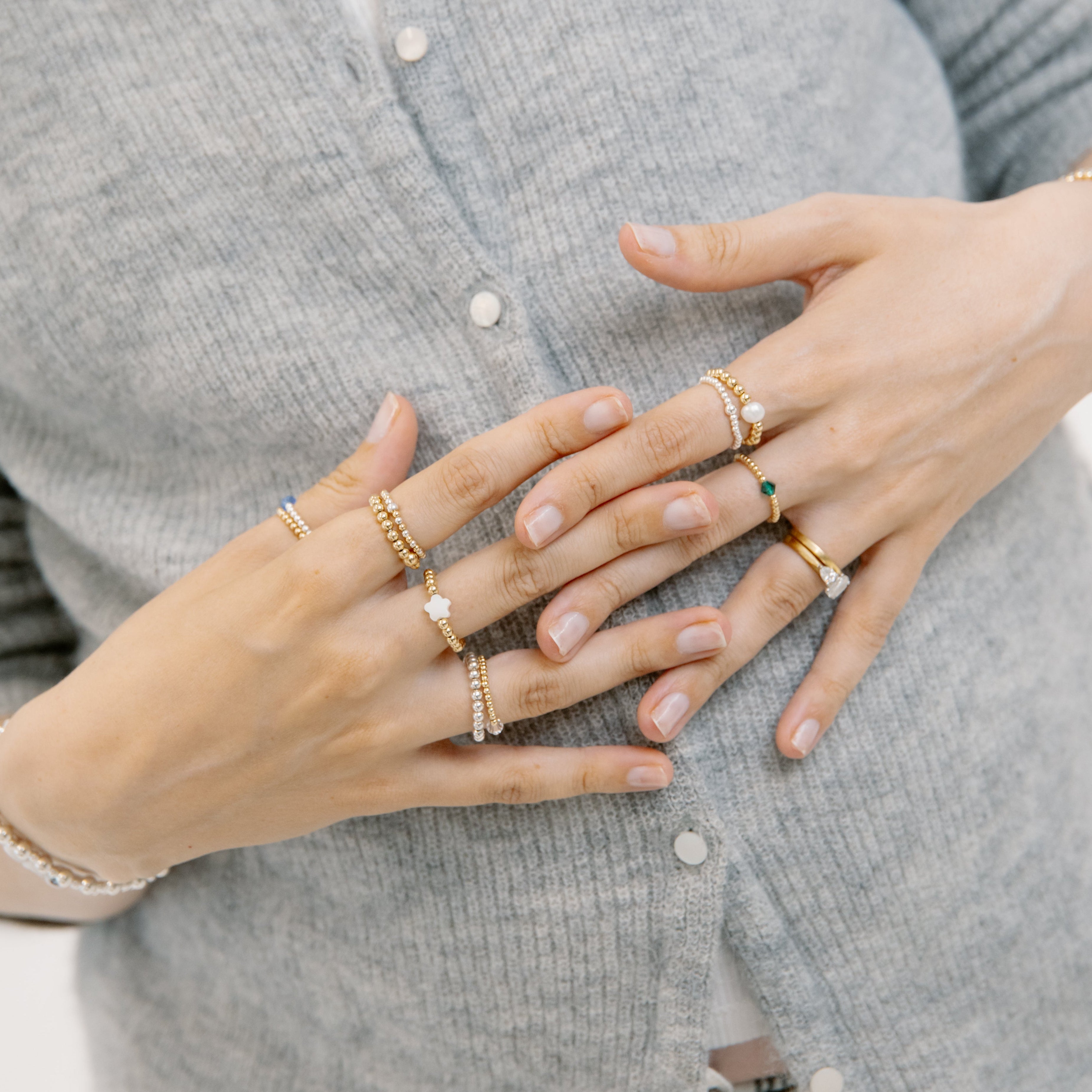 stretch rings in gold and silver beads 
